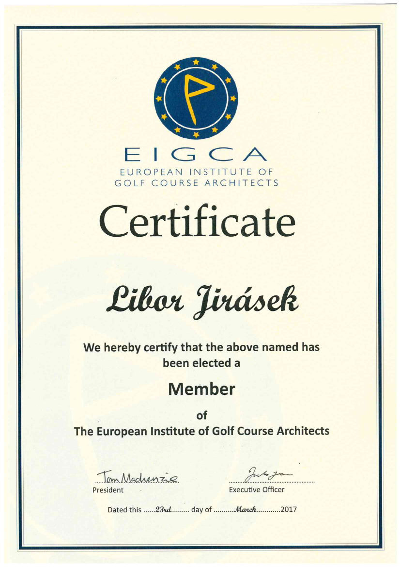 Certifikát Evropského institutu architektů golfových hřišť (EIGCA)